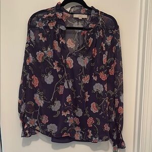 LOFT Purple Ruffled Blouse with tie Collar